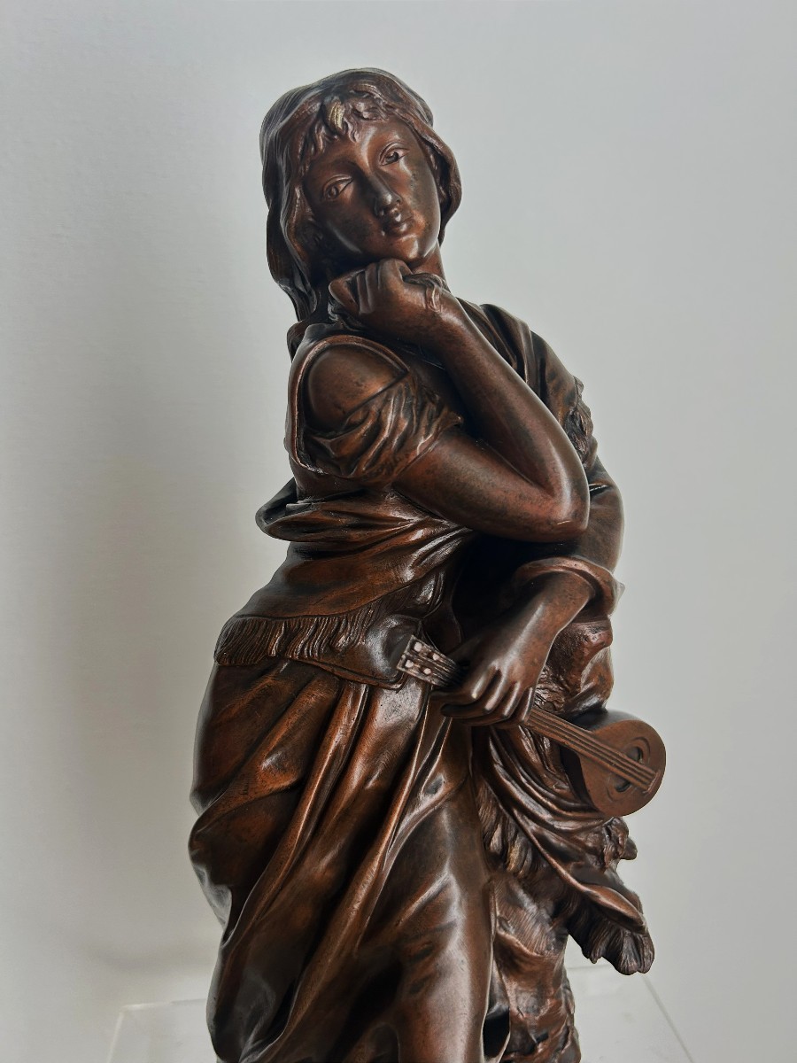 Bronze Sculpture Of A Woman Playing The Mandolin By Adrien Gaudez (1845-1902)-photo-2