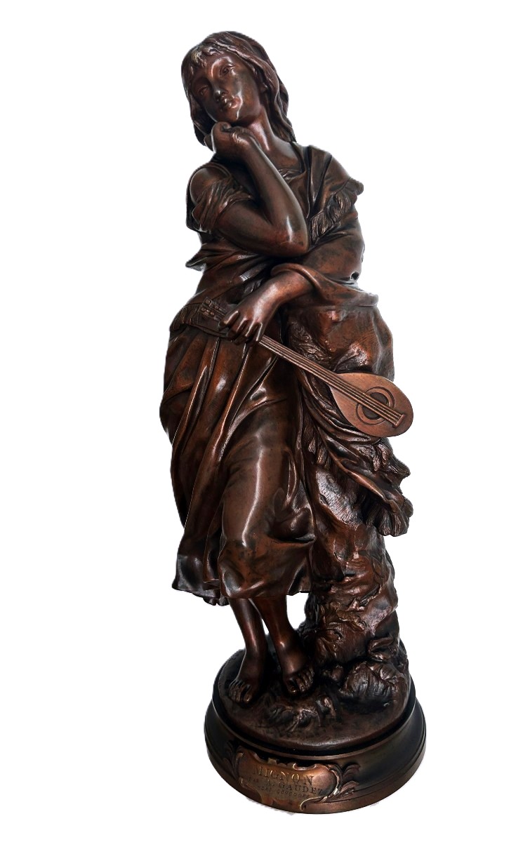 Bronze Sculpture Of A Woman Playing The Mandolin By Adrien Gaudez (1845-1902)