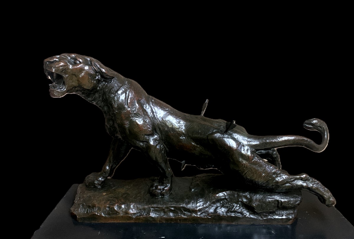 Large Bronze Sculpture (92 Cm) Of A Wounded Lioness, By Charles Valton.-photo-5