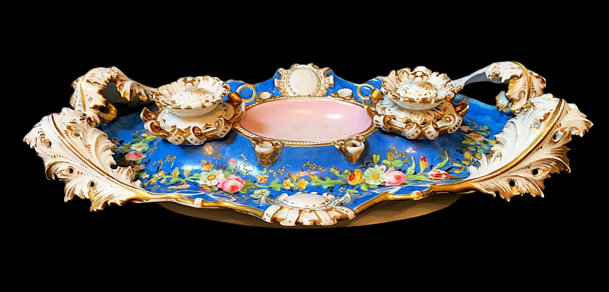 Encrier plumier en porcelaine de Paris polychrome