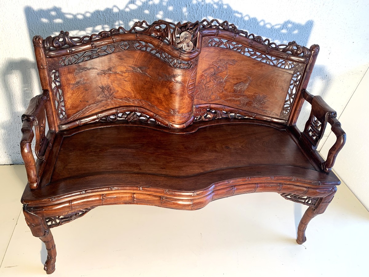Chinese Living Room Furniture: Bench And Four Armchairs Carved From Exotic Wood-photo-2
