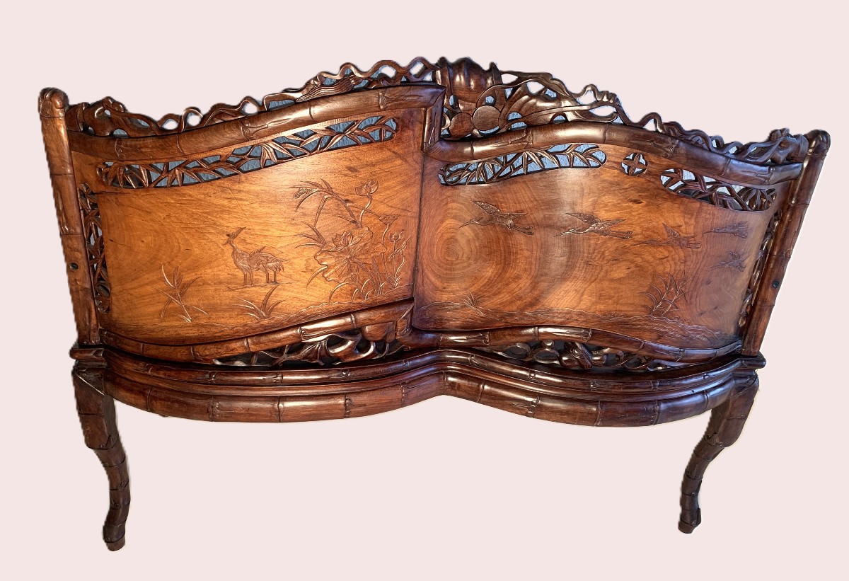 Chinese Living Room Furniture: Bench And Four Armchairs Carved From Exotic Wood-photo-3