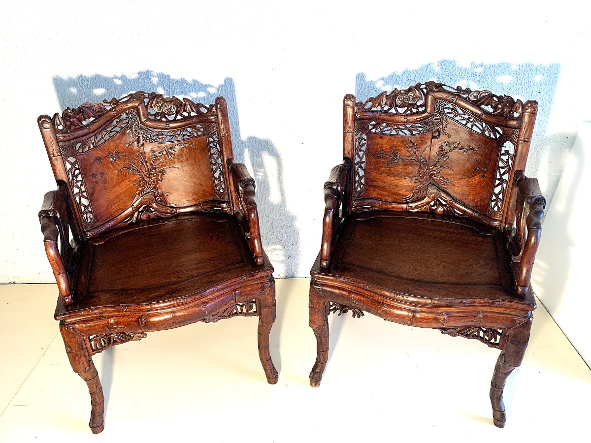 Chinese Living Room Furniture: Bench And Four Armchairs Carved From Exotic Wood-photo-4