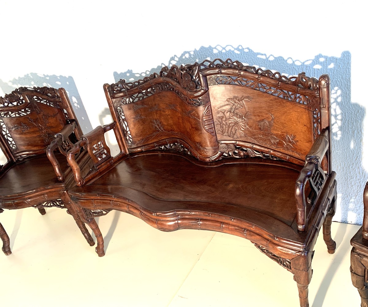 Chinese Living Room Furniture: Bench And Four Armchairs Carved From Exotic Wood-photo-4