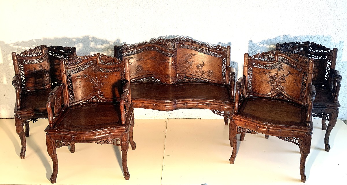 Chinese Living Room Furniture: Bench And Four Armchairs Carved From Exotic Wood-photo-5