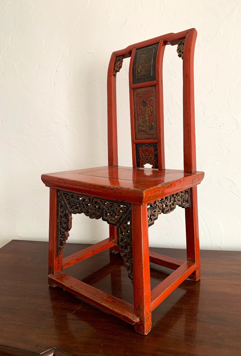 Chaise basse de mandarin laque rouge incrustations de nacre-photo-3