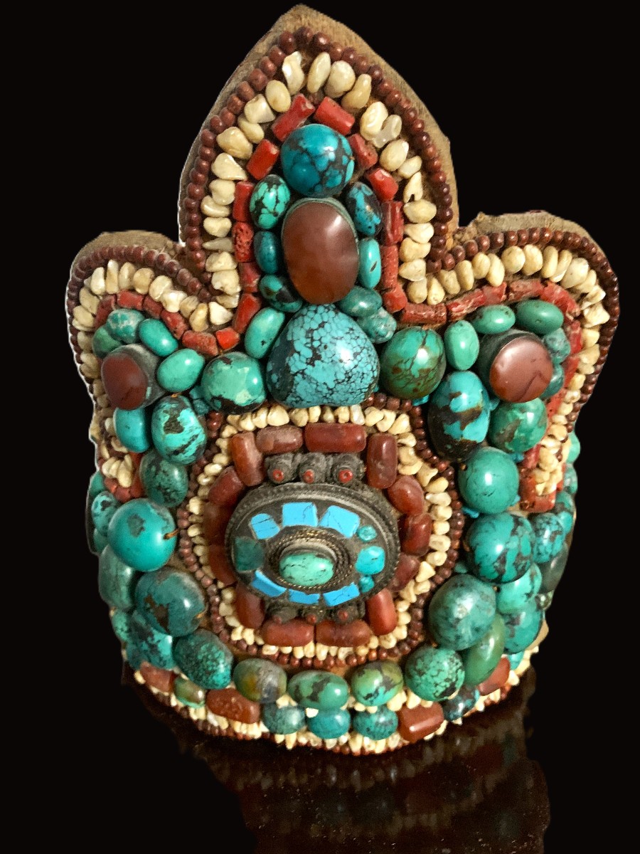 Coiffe tibétaine à décor de perles turquoises et cornéennes-photo-2