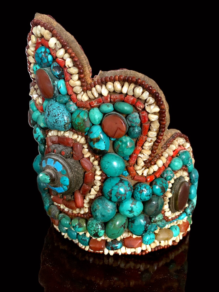 Coiffe tibétaine à décor de perles turquoises et cornéennes-photo-3