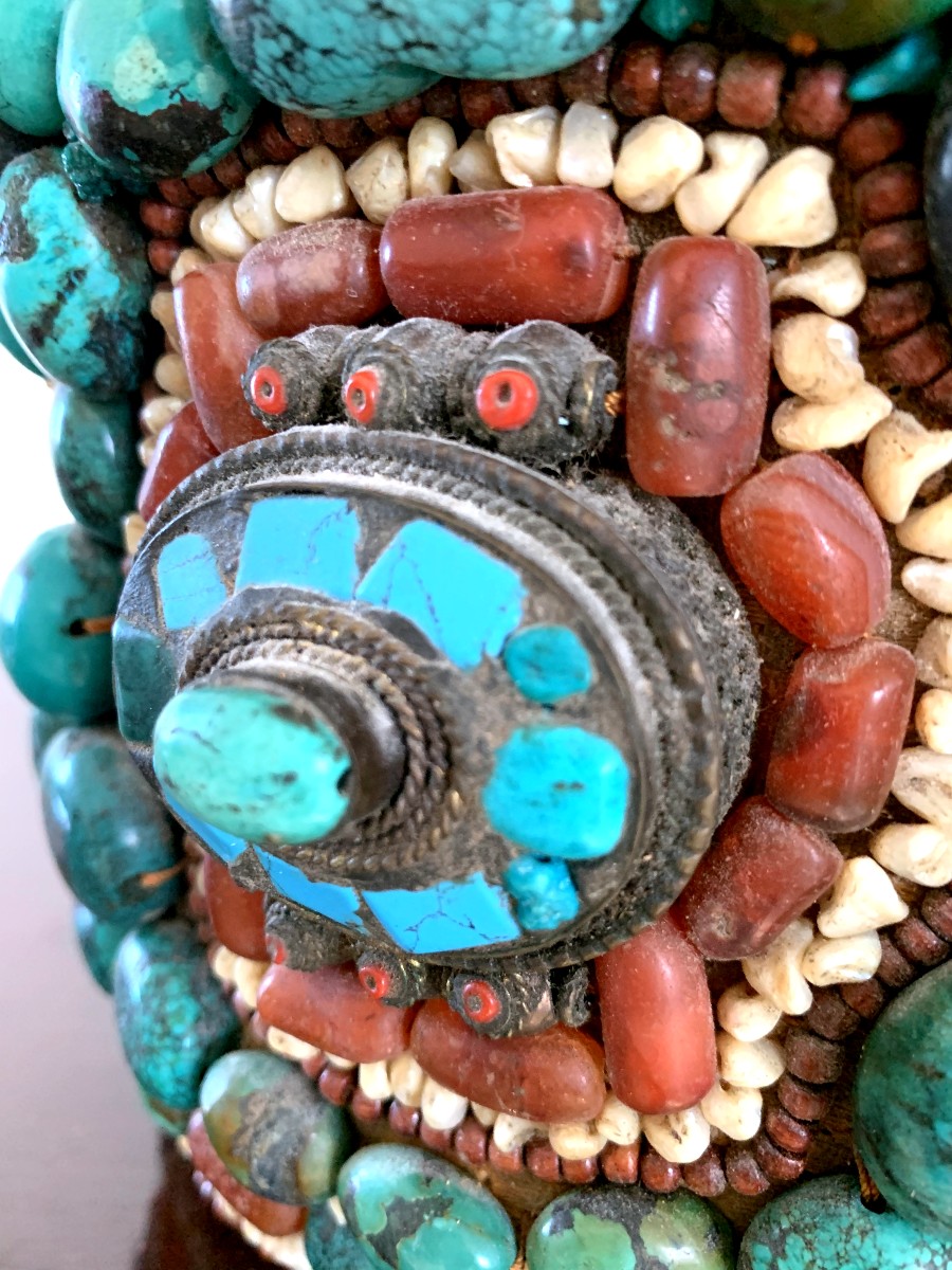 Coiffe tibétaine à décor de perles turquoises et cornéennes-photo-4