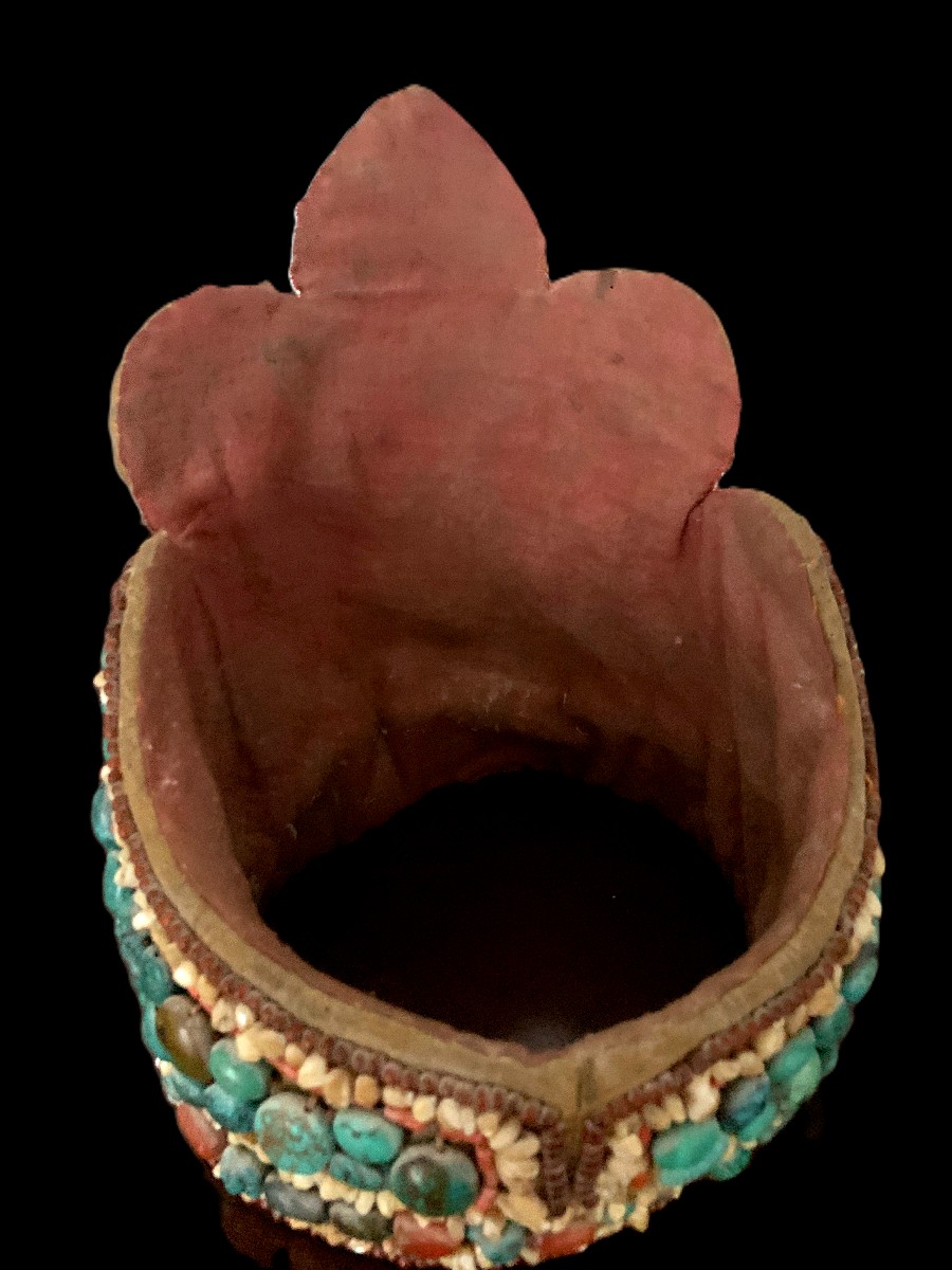 Coiffe tibétaine à décor de perles turquoises et cornéennes-photo-1