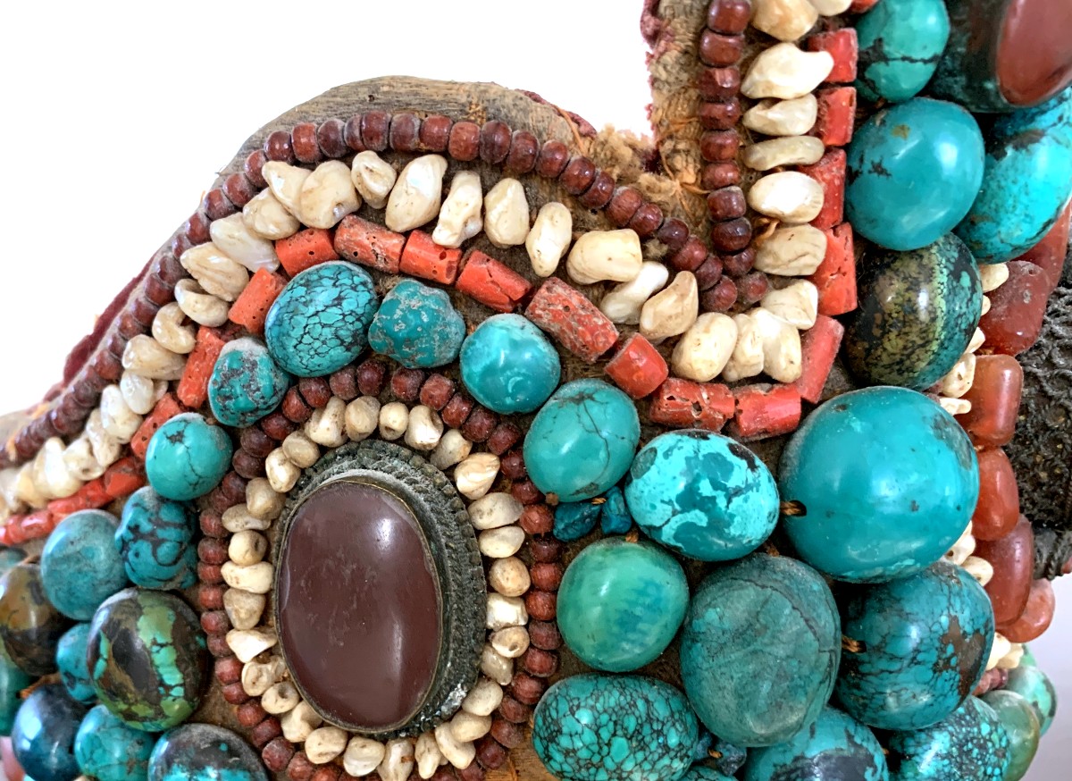 Coiffe tibétaine à décor de perles turquoises et cornéennes-photo-2