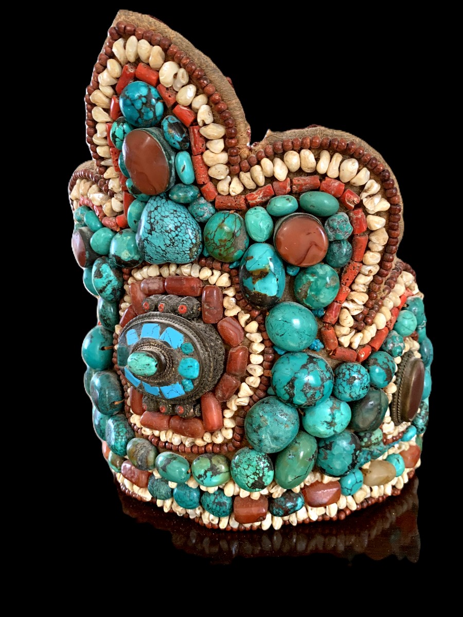 Coiffe tibétaine à décor de perles turquoises et cornéennes-photo-3