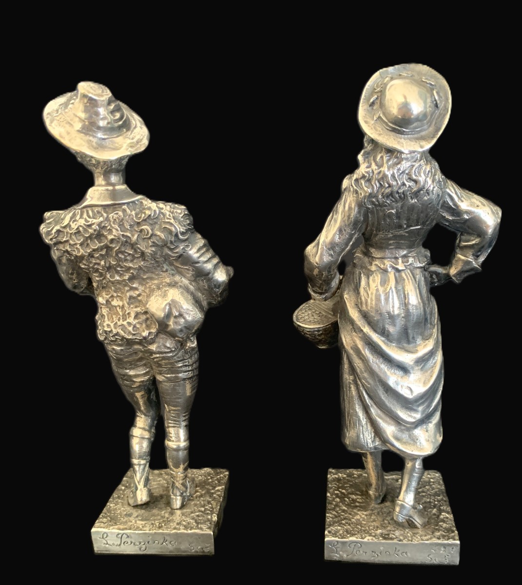 Paire de personnages romantiques  en bronze  argenté par Léon Perzinka.-photo-4
