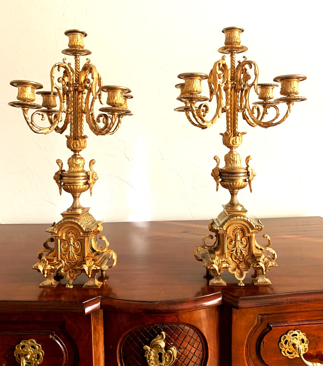 Paire de candélabres en bronze doré Louis XVI-photo-2