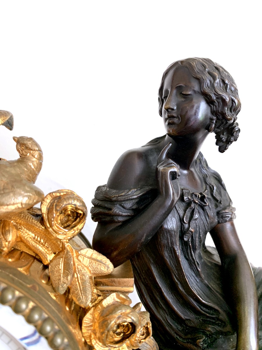 Bronze Clock "woman With Doves"-photo-3