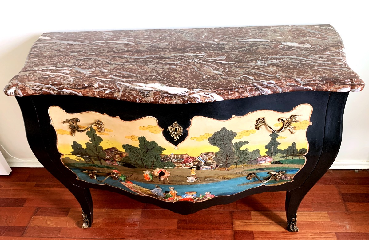 Commode style louis XV  pyrogravée et peinte de scènes d'Orient-photo-1