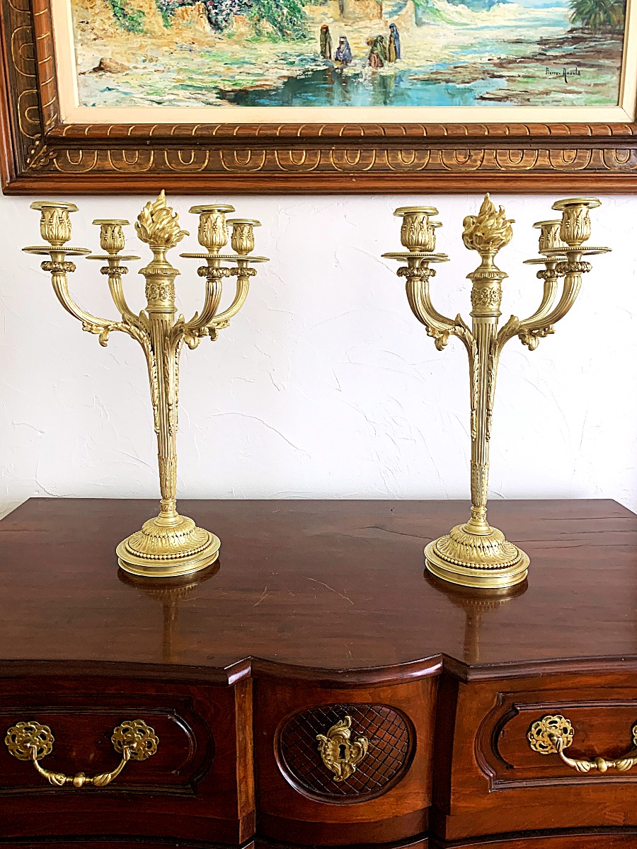 Paire d'Importants Candélabres En Bronze Doré  Louis XVI -photo-2