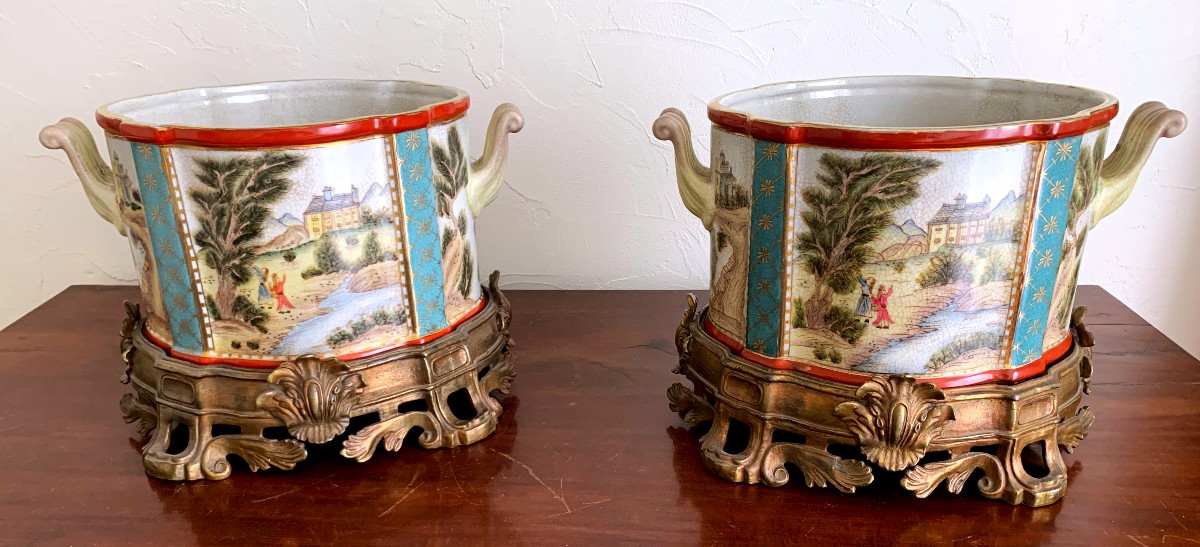 Pair Of Porcelain And Bronze Planters-photo-2