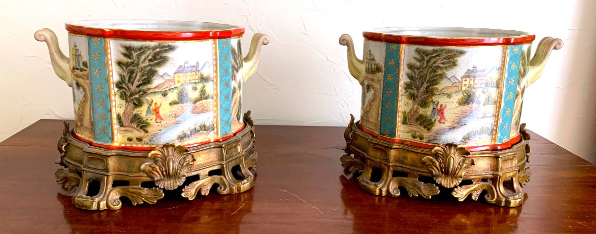 Pair Of Porcelain And Bronze Planters