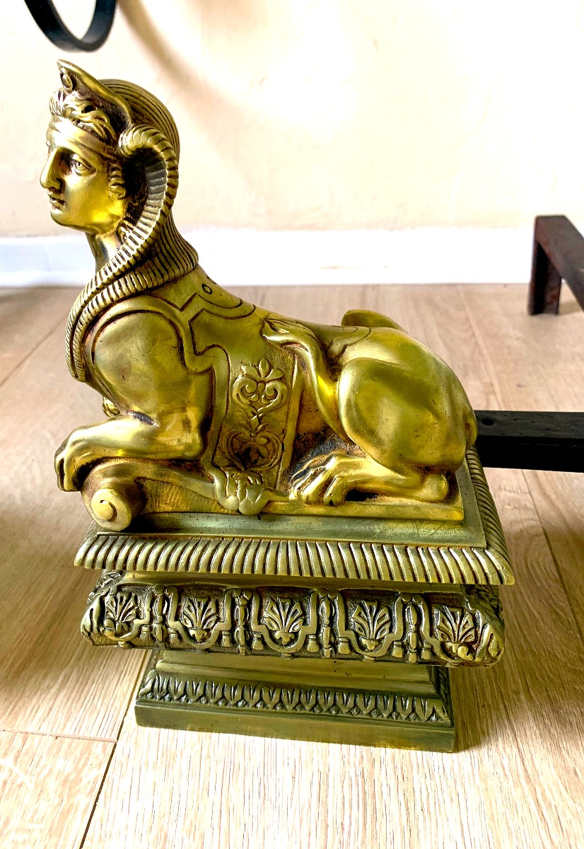 Pair Of Bronze Andirons With Sphinxes-photo-3