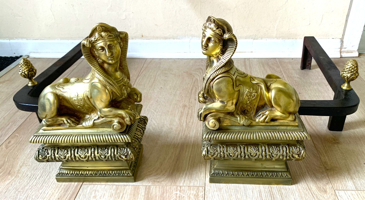 Pair Of Bronze Andirons With Sphinxes-photo-2
