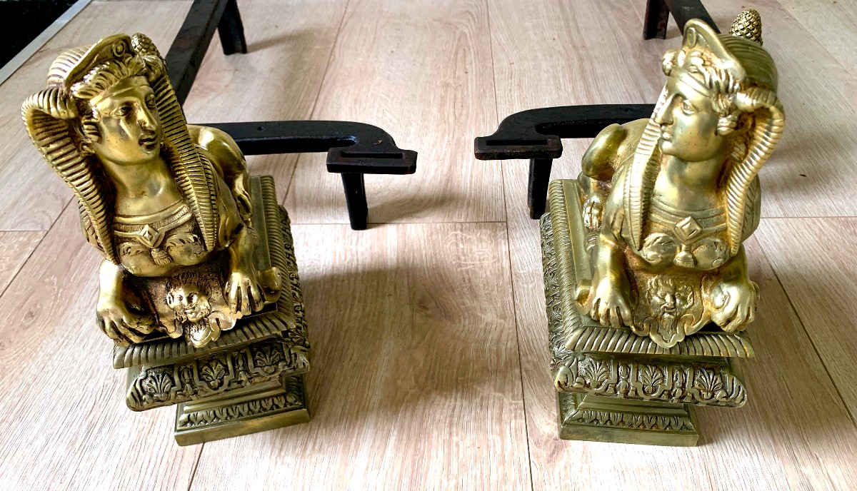 Pair Of Bronze Andirons With Sphinxes-photo-2