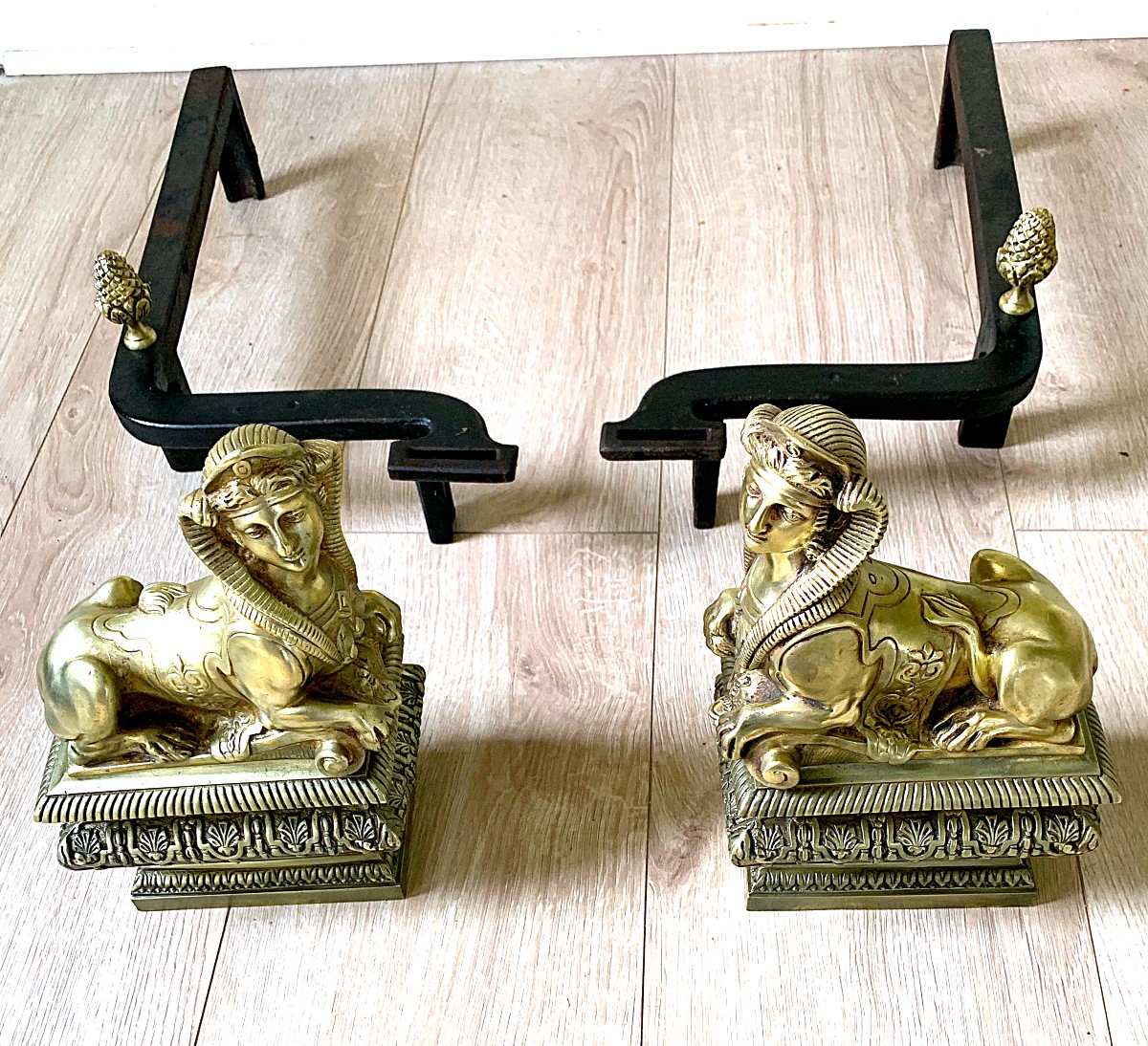 Pair Of Bronze Andirons With Sphinxes