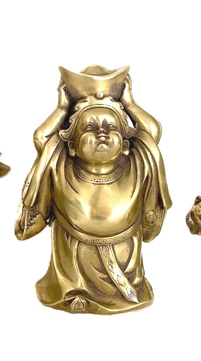 Three Laughing Buddhas In Polished Bronze-photo-4