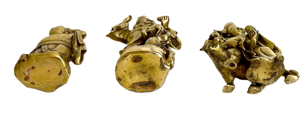 Three Laughing Buddhas In Polished Bronze-photo-1