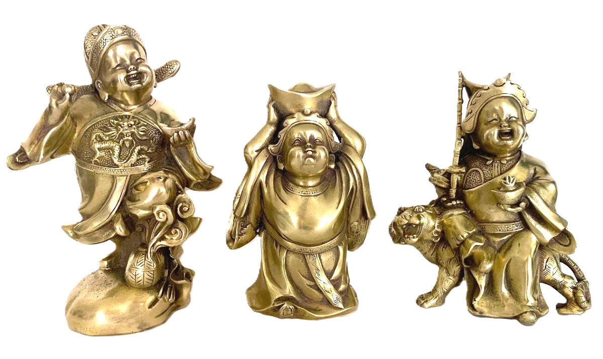 Three Laughing Buddhas In Polished Bronze