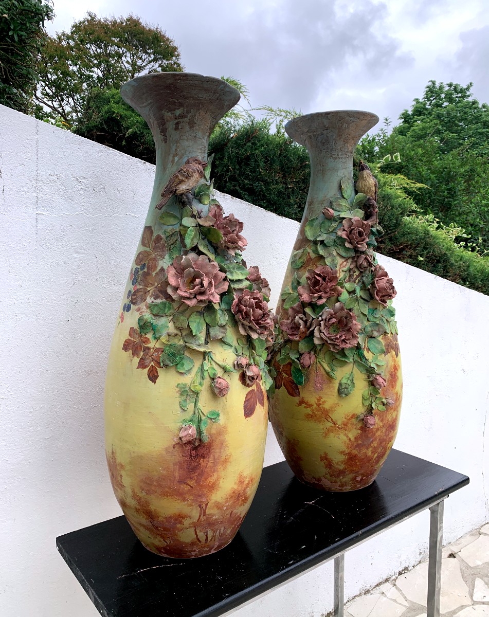 Grande paire de vases en terre cuite " oiseaux et roses "-photo-2