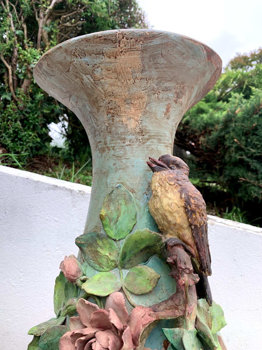 Grande paire de vases en terre cuite " oiseaux et roses "-photo-2
