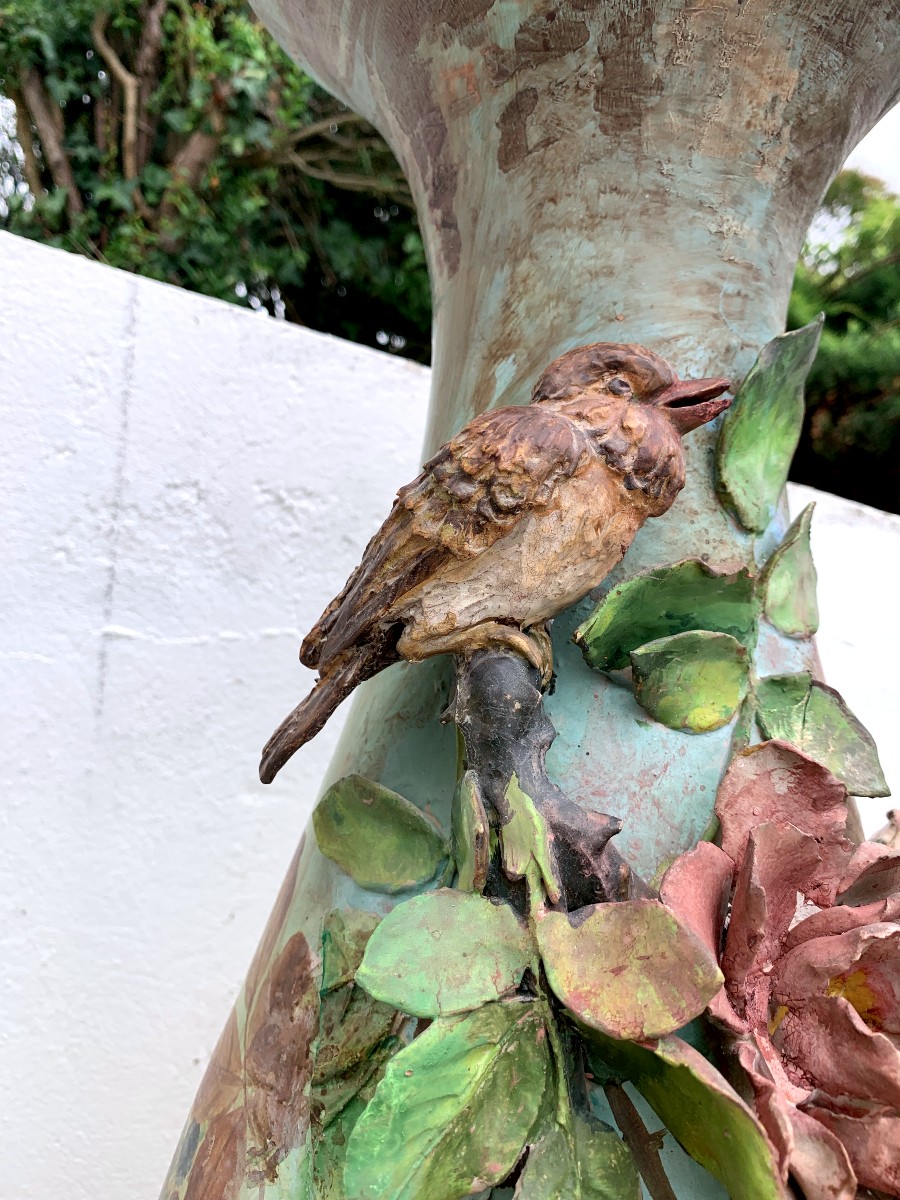 Grande paire de vases en terre cuite " oiseaux et roses "-photo-1