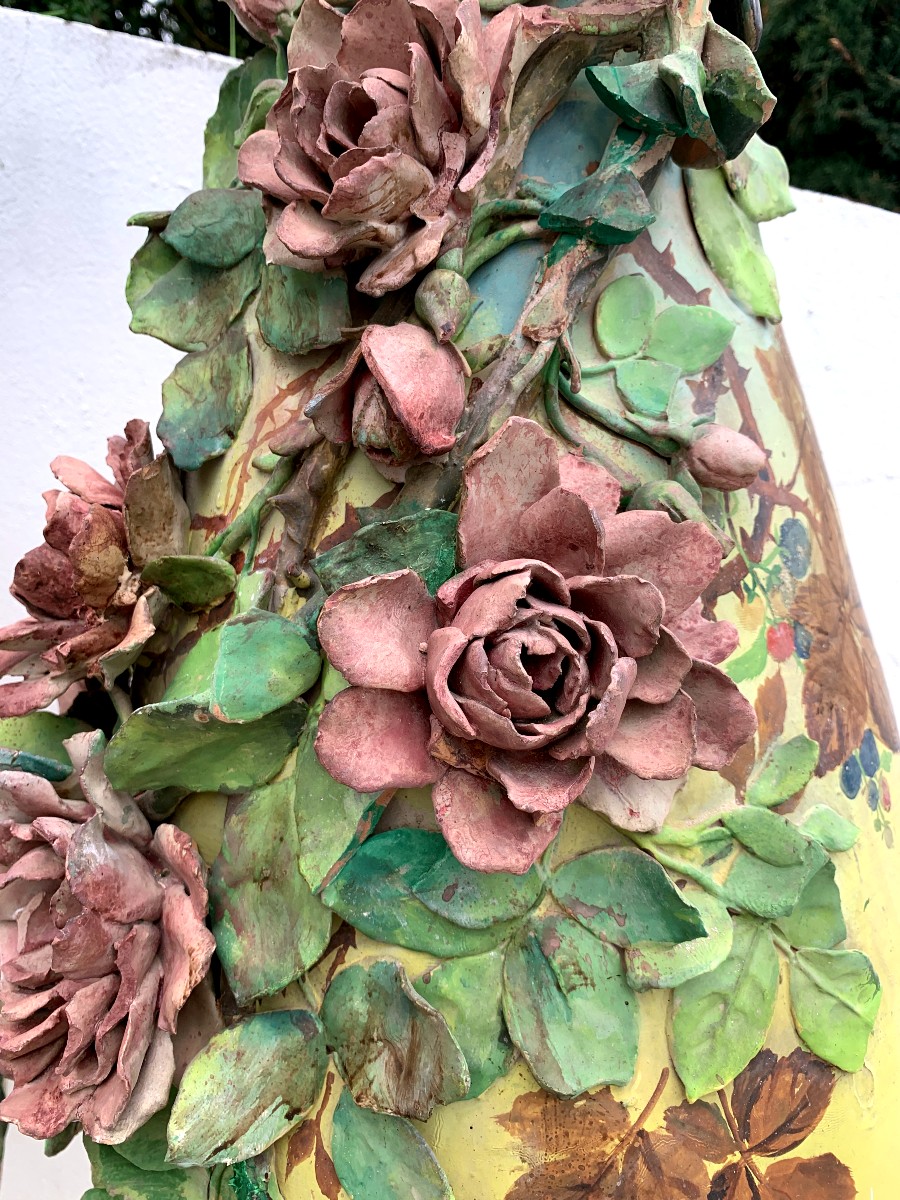 Grande paire de vases en terre cuite " oiseaux et roses "-photo-4