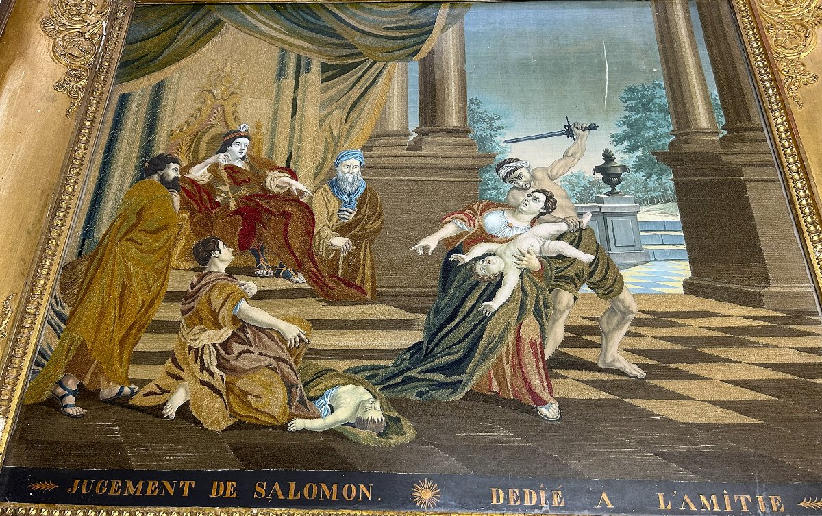 Broderie sur soie et aquarelle " Jugement de Salomon " époque Restauration-photo-2