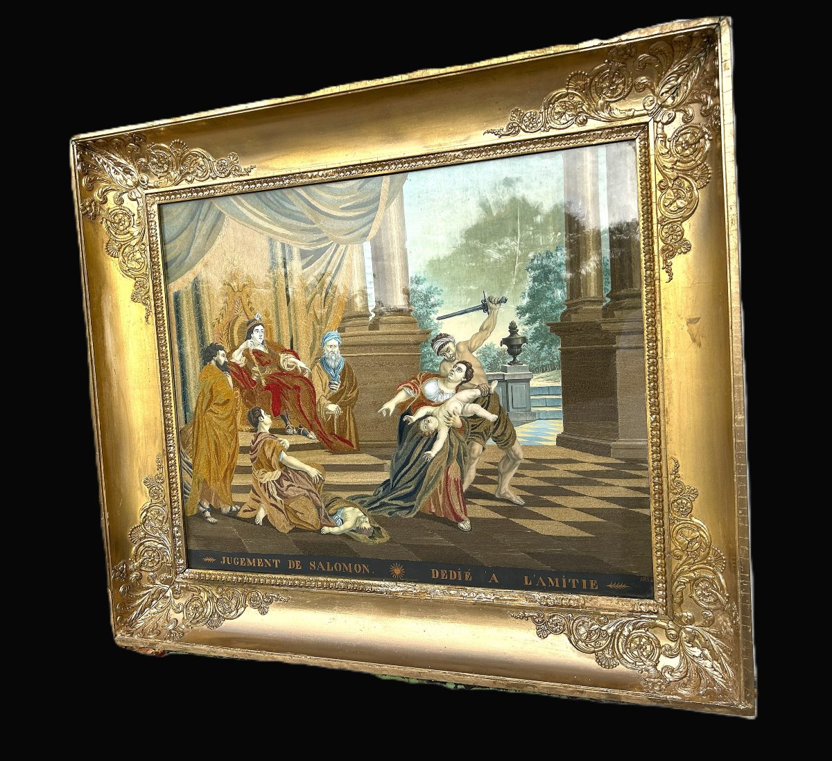 Broderie sur soie et aquarelle " Jugement de Salomon " époque Restauration-photo-4