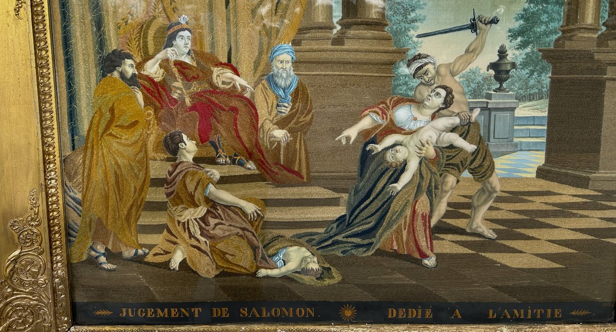 Broderie sur soie et aquarelle " Jugement de Salomon " époque Restauration-photo-3