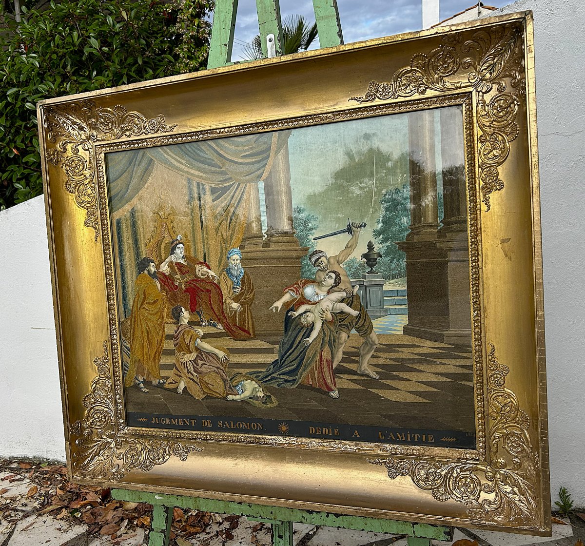 Broderie sur soie et aquarelle " Jugement de Salomon " époque Restauration-photo-4