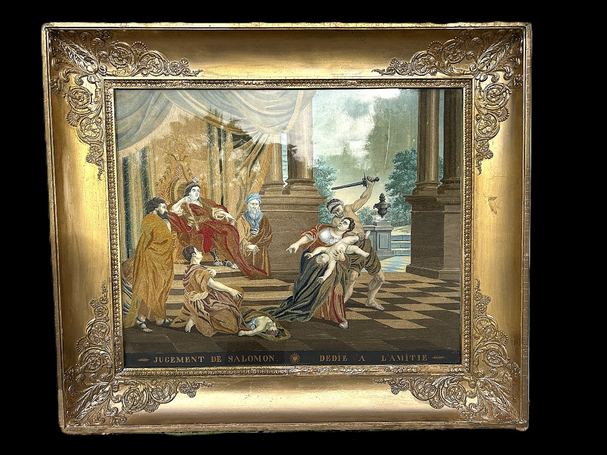 Broderie sur soie et aquarelle " Jugement de Salomon " époque Restauration-photo-5