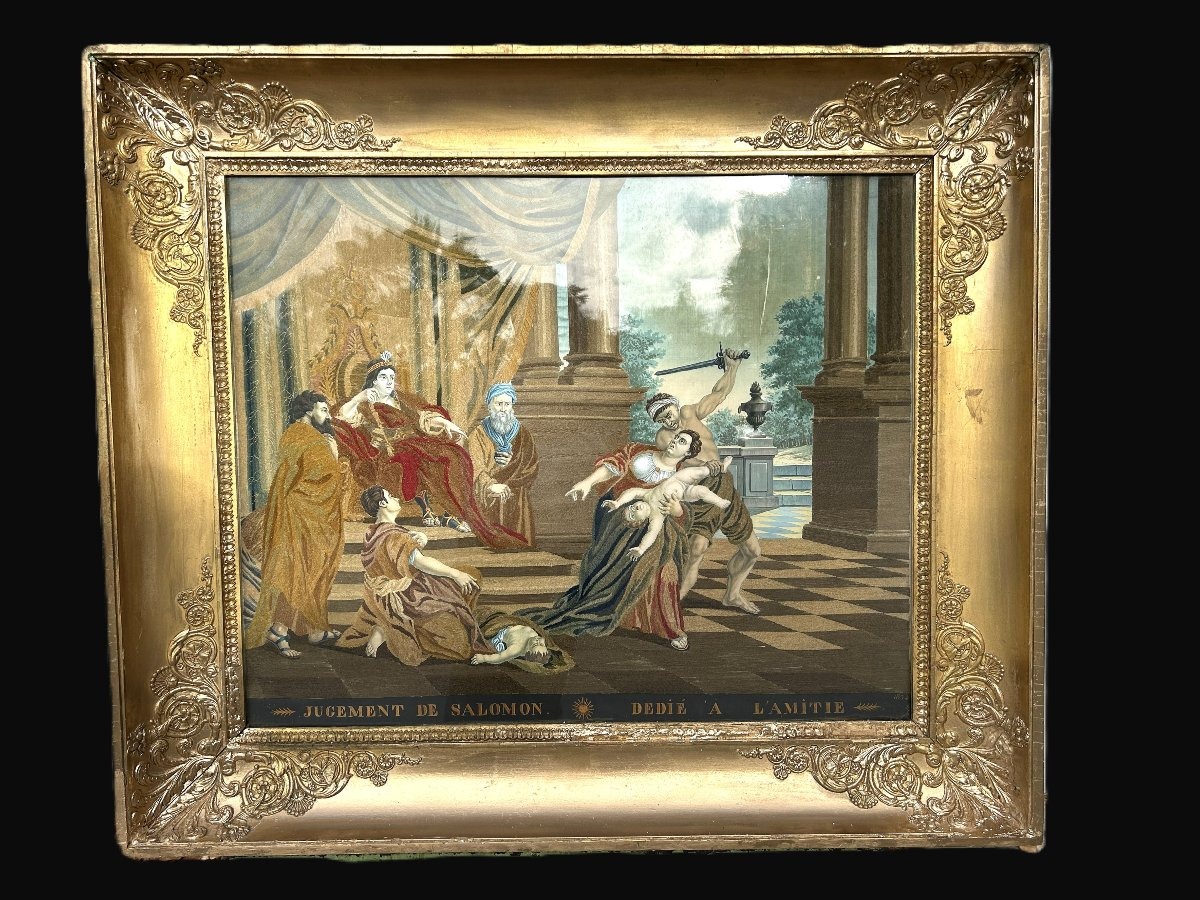 Broderie sur soie et aquarelle " Jugement de Salomon " époque Restauration