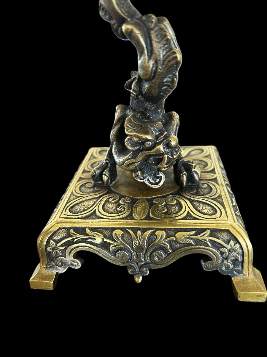 Paire de bougeoirs style Renaissance en bronze argenté et bronze doré-photo-4