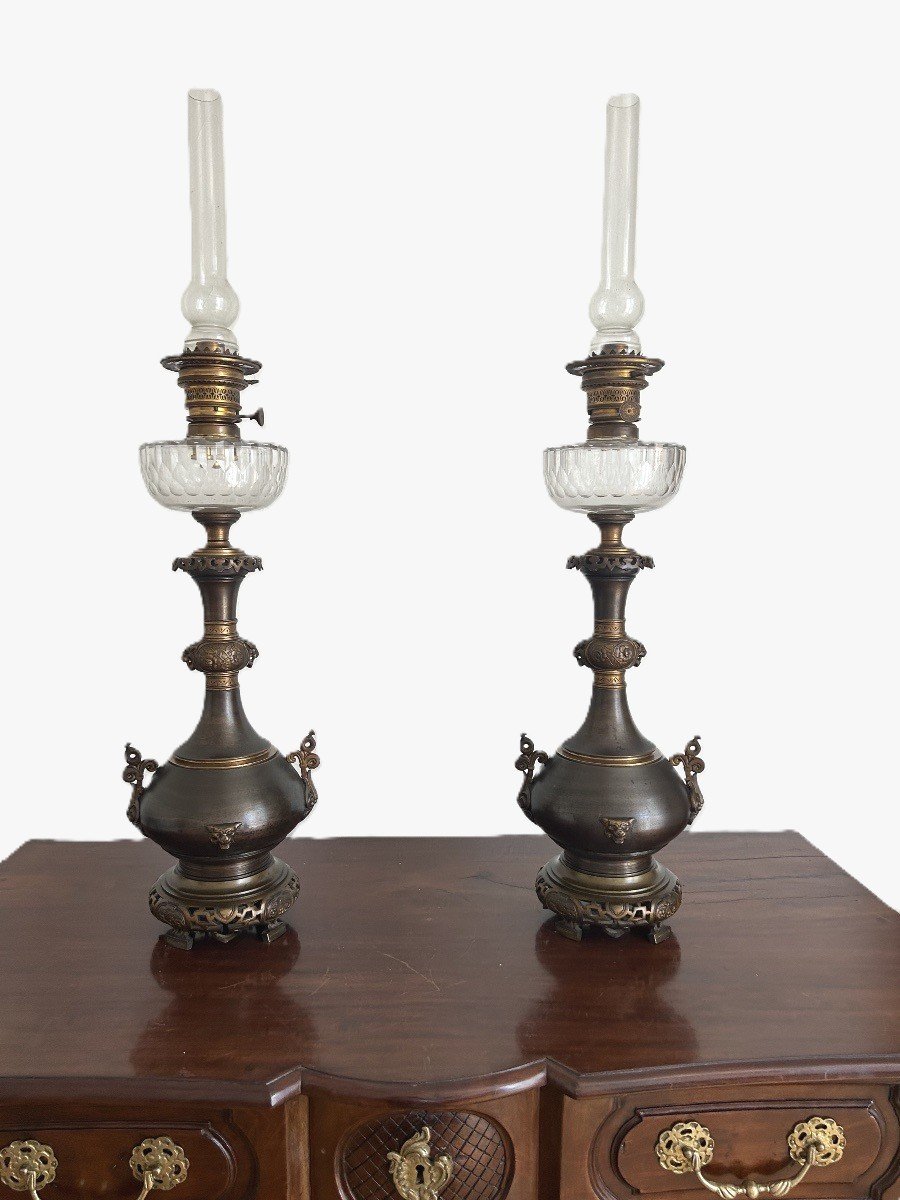Large Bronze And Crystal Oil Lamp 