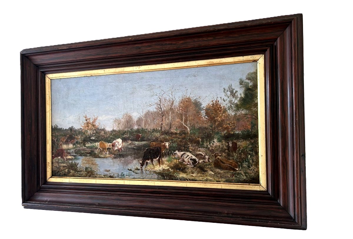 Oil-on-canvas Painting Of A Herd Of Cows Drinking-photo-3
