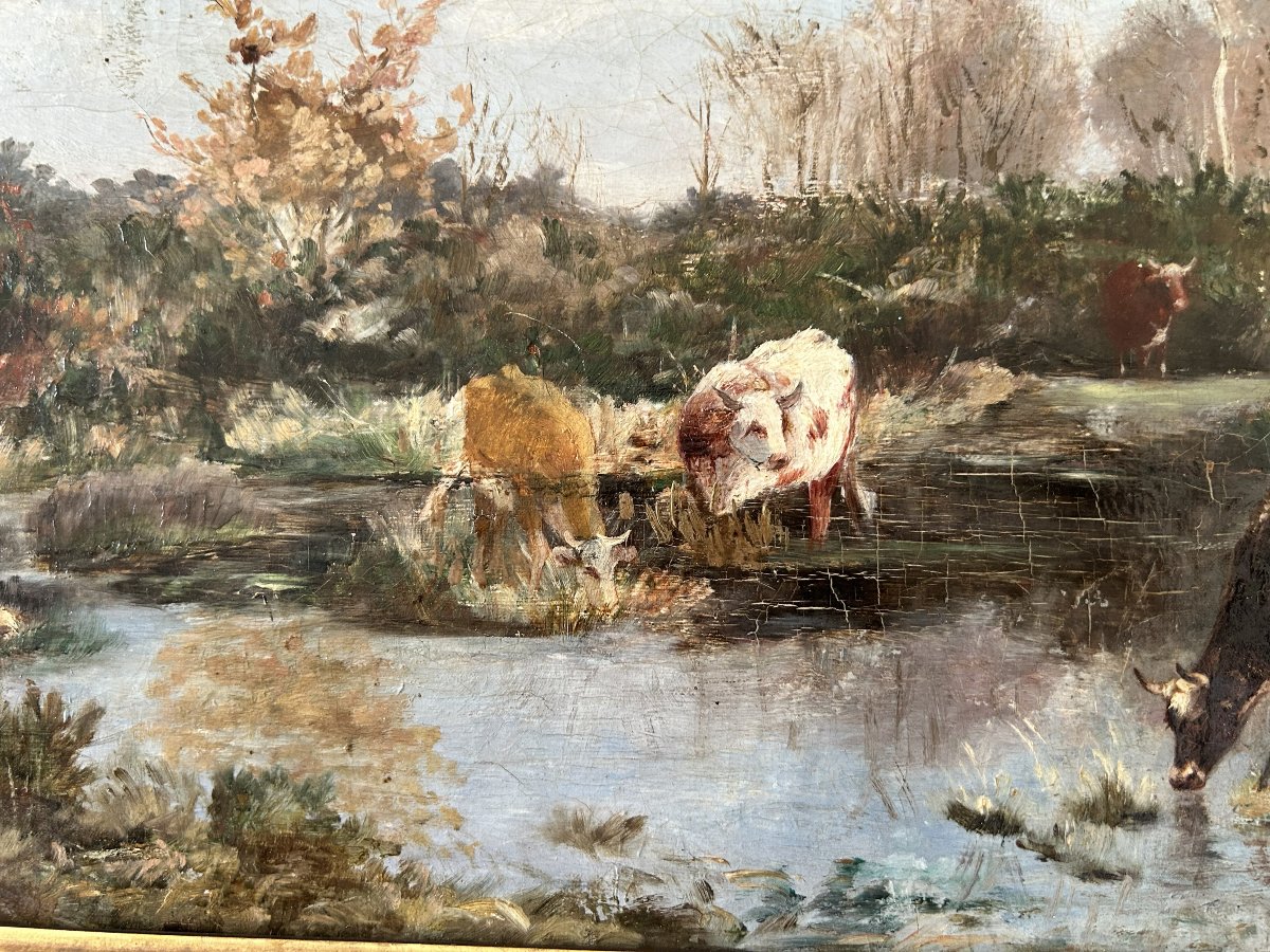 Oil-on-canvas Painting Of A Herd Of Cows Drinking-photo-1