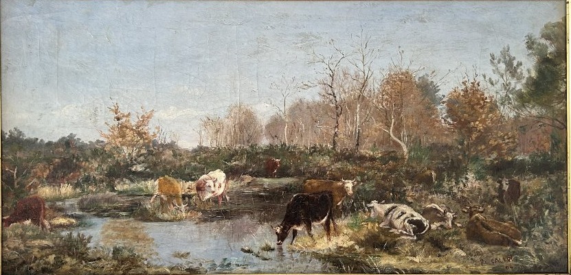Oil-on-canvas Painting Of A Herd Of Cows Drinking-photo-3