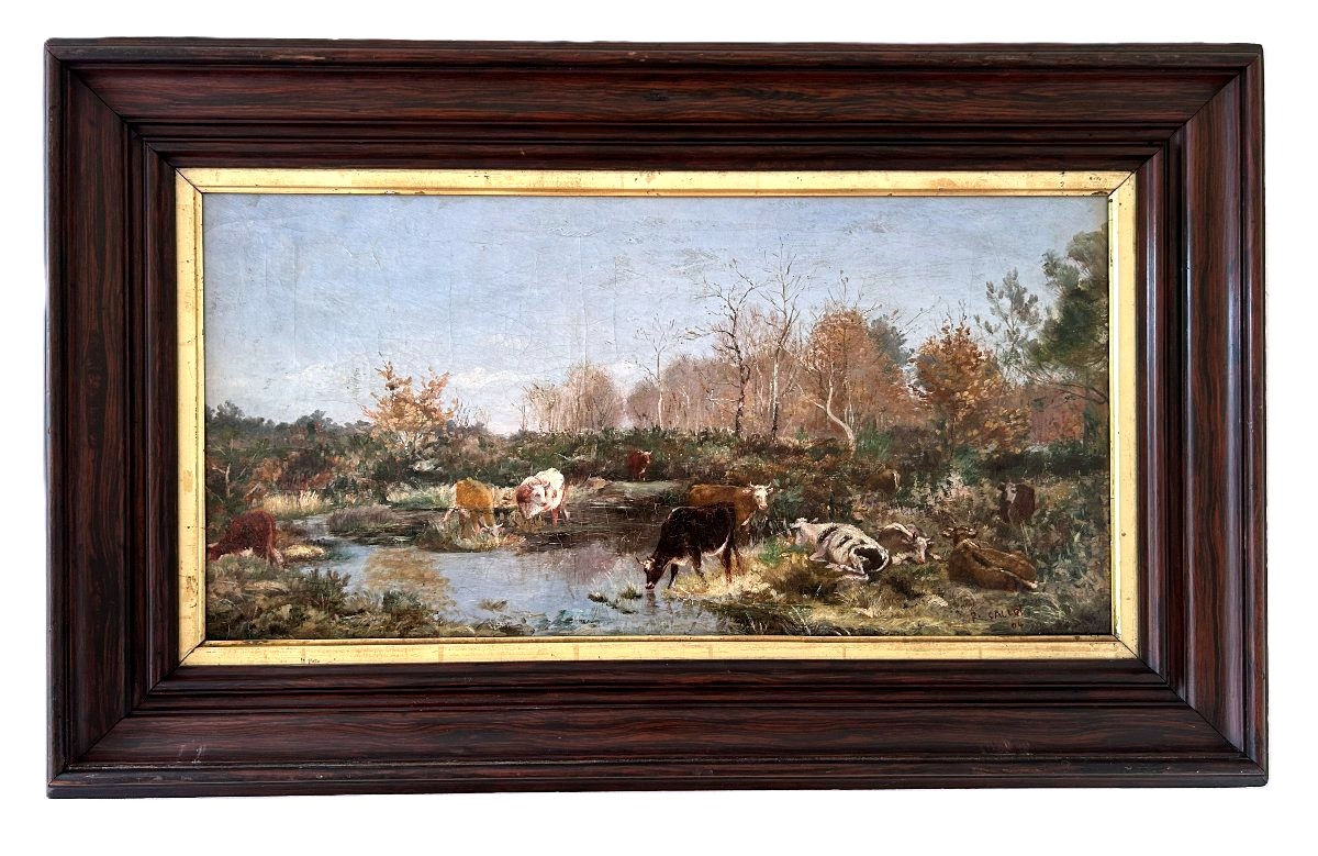 Oil-on-canvas Painting Of A Herd Of Cows Drinking