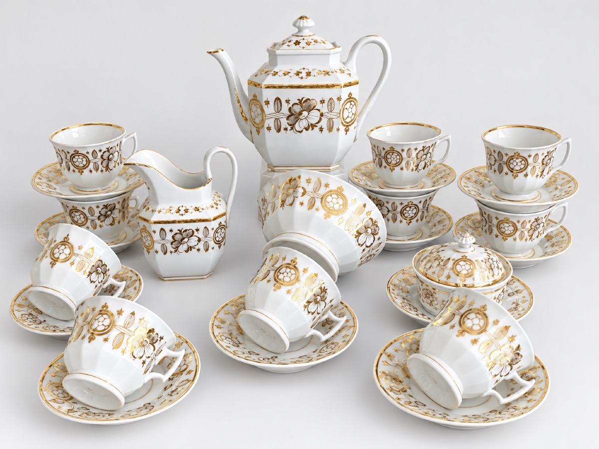 10-piece Coffee Or Tea Set In White And Gold Porcelain From The Empire Period