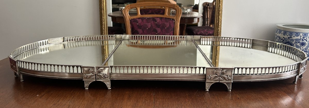 Grand surtout de table en métal argenté et fond de miroir XIXème .-photo-2