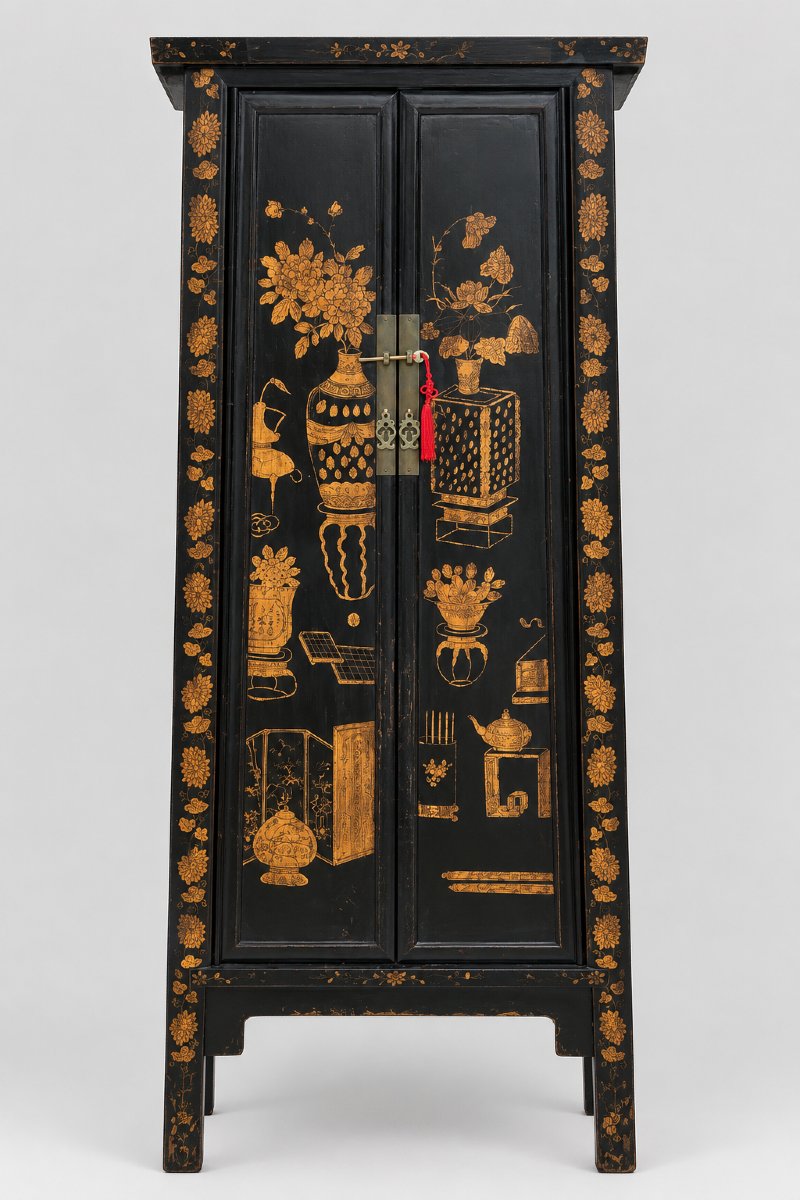 Triangular Chinese Cabinet With Black Lacquer And Gold Motifs-photo-6