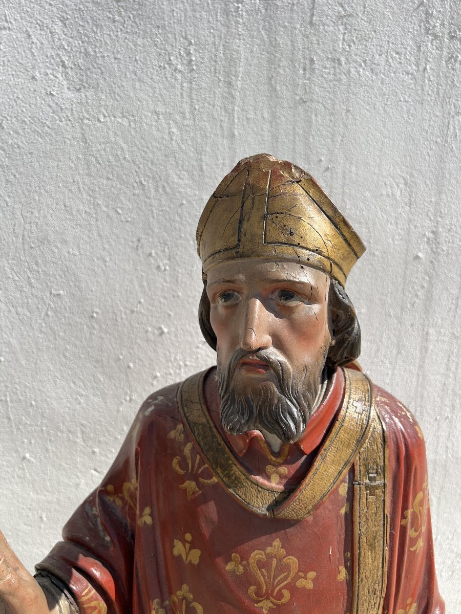 Sculpture de Saint Nicolas en bois sculpté polychrome XVIIIème -photo-3
